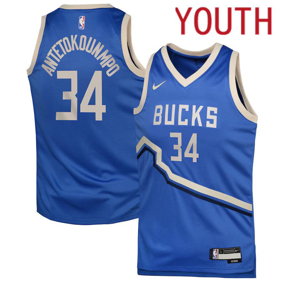 Youth Milwaukee Bucks 34 Giannis Antetokounmpo Nike Royal City Edition 2024-25 Swingman Player NBA Jersey
